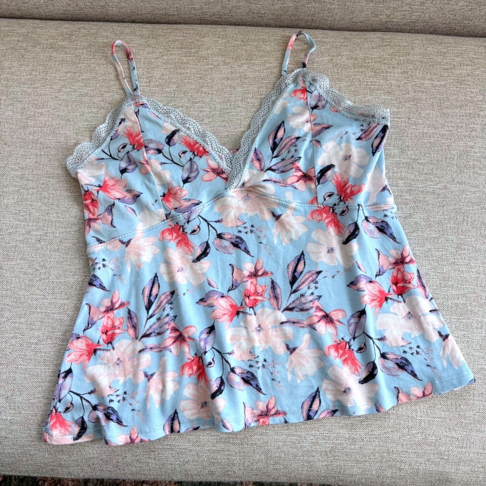 Jessica Simpson Floral Cami Top Large Lace Trim Coquette Cottage Romantic Whimsy
